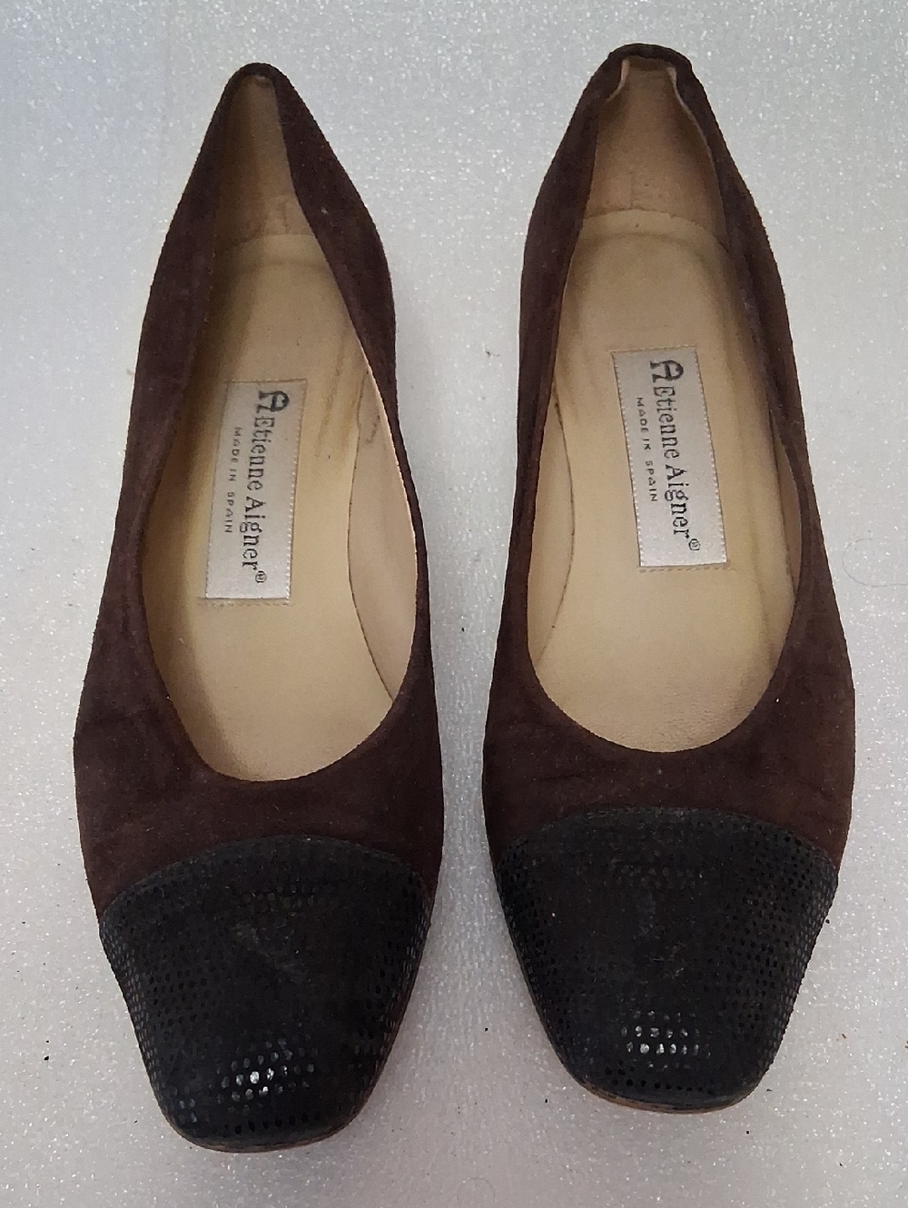 Etienne Aigner Dark Brown Suede Flats with Black Textured Cap Toe